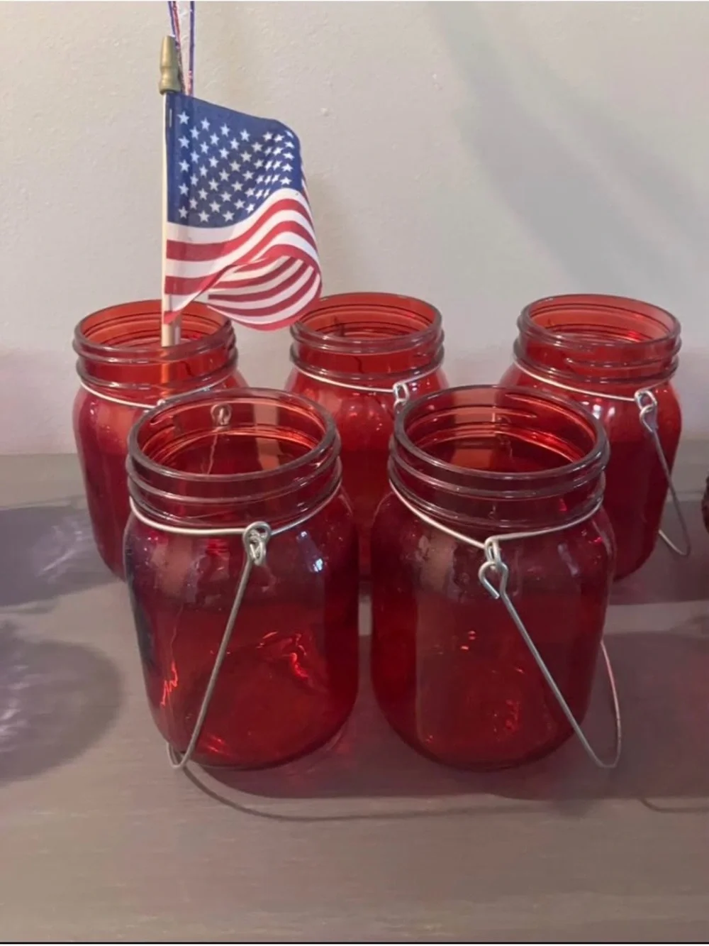 Set of Red and Purple Glass Mason Jar Vases with Handles